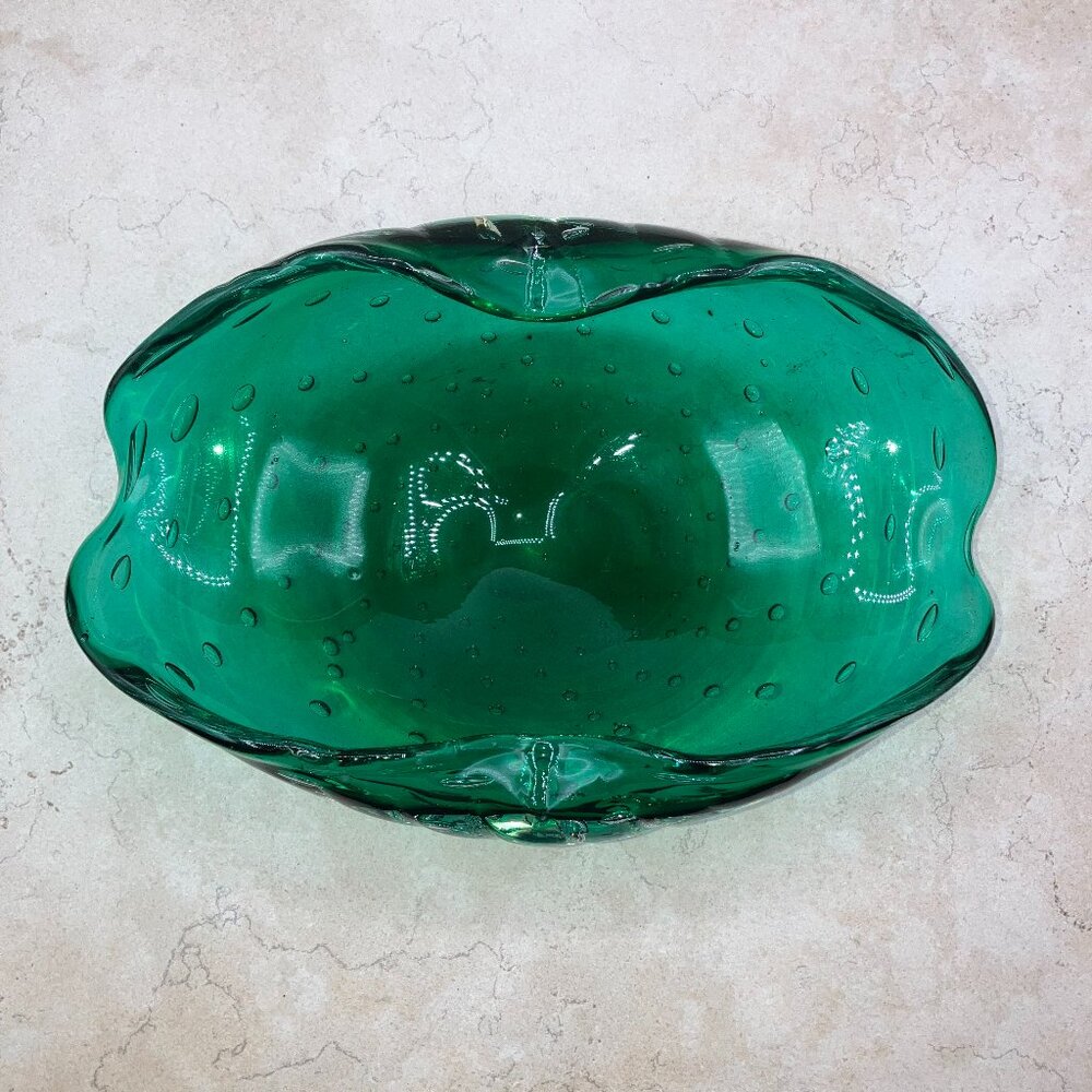 Vintage Green Bullicante Folded Sides Bowl 1960's Controlled Bubbles